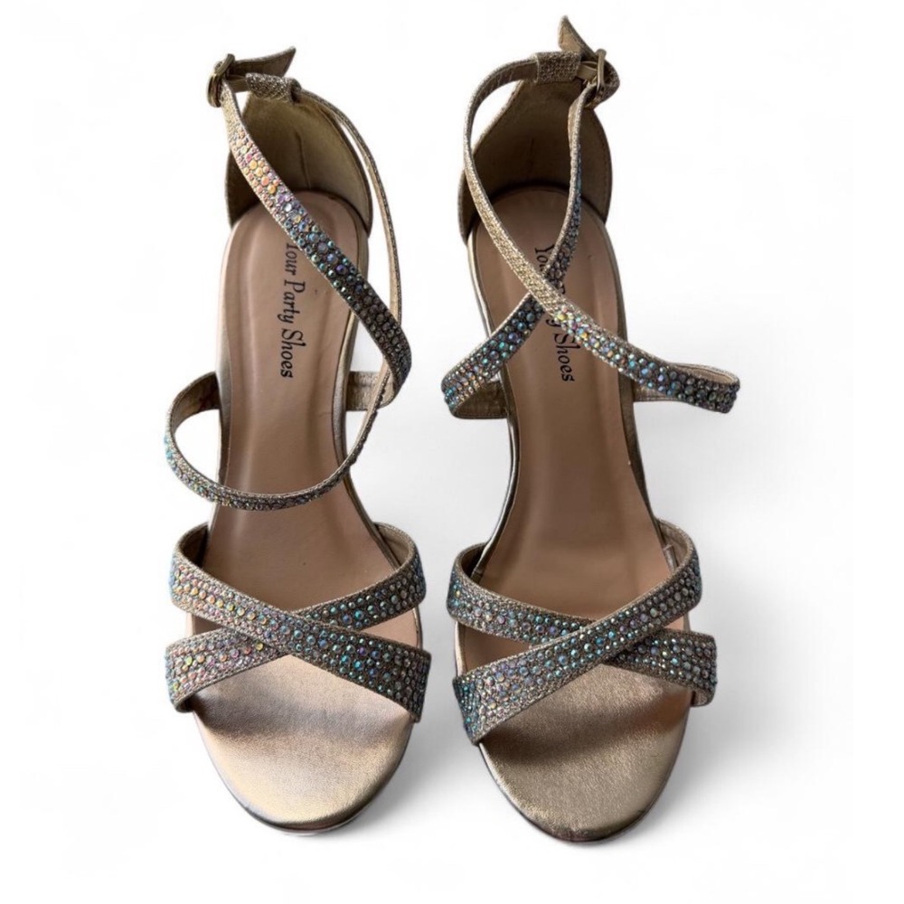 Your Party Shoes Gold Rhinestone Wedge Sandals - Crystal Strappy Heels Size 7